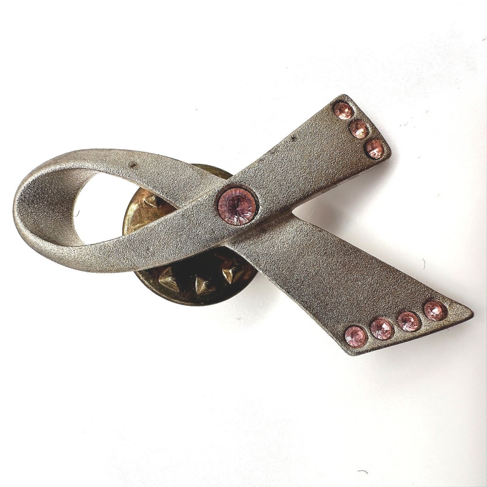 Vintage 80s‎ Cancer Awareness Ribbon Pin Brooch Rhinestone Silver Tone Jewelry